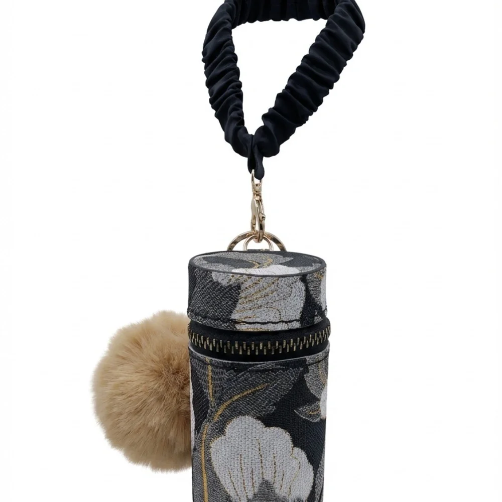 Floral Patterned Black and Gold Women's Coin Purse or Bag Charm Accessory